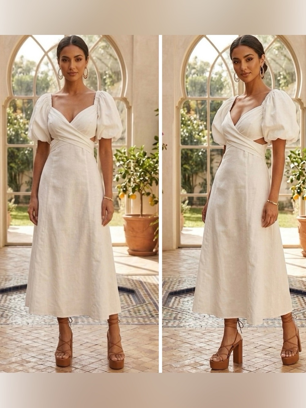 NWT AMALIE THE LABEL JANAE LINEN BLEND PUFF SLEEVE CUT OUT MIDI DRESS 4